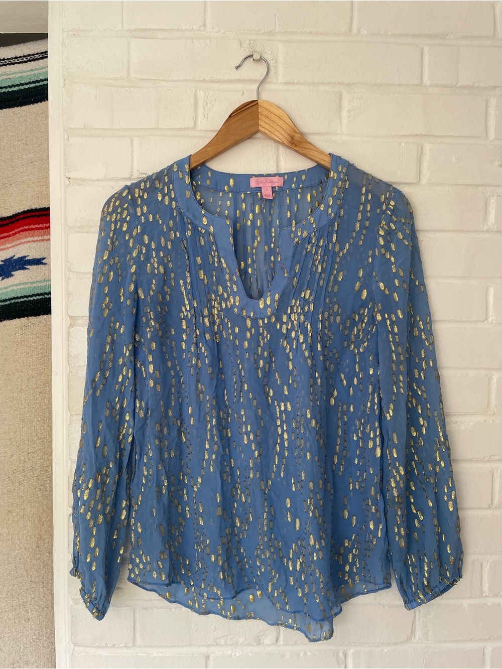 Lilly Pulitzer Blue Blouse with Gold Metallic Accents